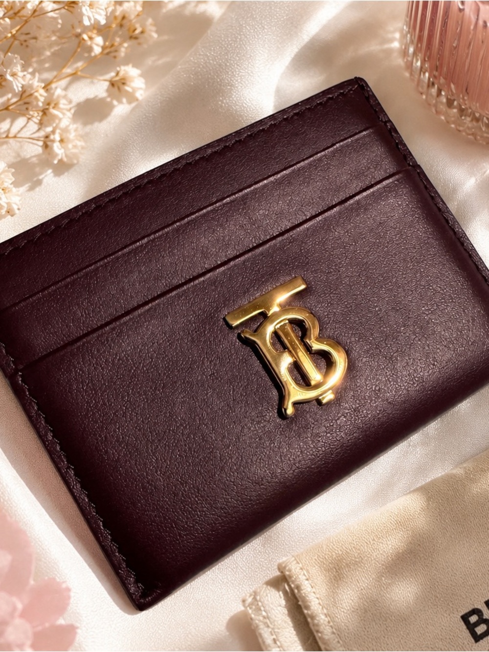 Burberry TB Monogram Cardholder  Wallet Burgundy/Plum Leather + Dust Bag Authent
